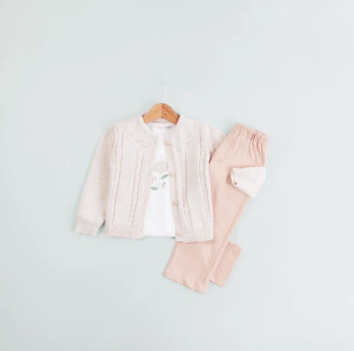 Wholesale Girl's 3-Piece Cardigan Long Sleeve Body and Pants Set 1-4Y BabyRose 1002-4707 Beige