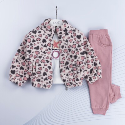 Wholesale Girls 3-Piece Cardigan T-Shirt and Sweatpants Set 1-4Y Sani 1068-4934 - 2