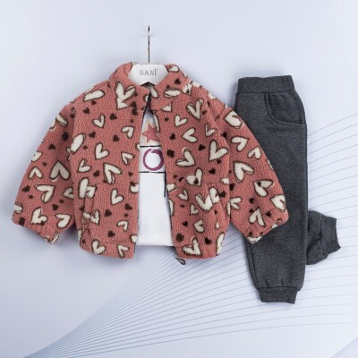 Wholesale Girls 3-Piece Cardigan T-Shirt and Sweatpants Set 1-4Y Sani 1068-4934 - 3