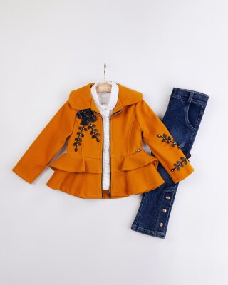 Wholesale Girl's 3-Piece Cashmere Jacket Jeans Pants and Shirt Set 2-6Y Miss Lore 1055-5714 Mustard