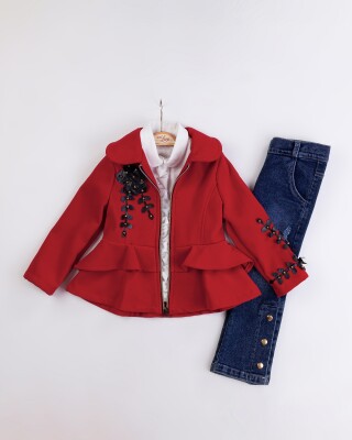 Wholesale Girl's 3-Piece Cashmere Jacket Jeans Pants and Shirt Set 2-6Y Miss Lore 1055-5714 Red