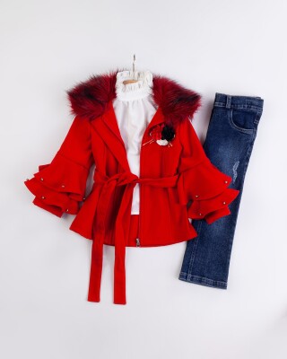 Wholesale Girl's 3-Piece Cashmere Jacket Jeans Pants Shirt Set 2-6Y Miss Lore 1055-5710 Red