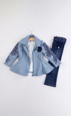 Wholesale Girl's 3-Piece Cashmere Jacket Jeans Pants Shirt Set 2-6Y Miss Lore 1055-5713 Blue