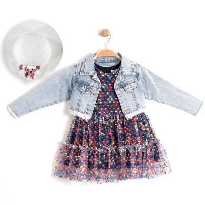 Wholesale Girls 3-Piece Dress Set with Denim Jacket and Hat Set 2-6Y Tilly 1009-2285 Navy 