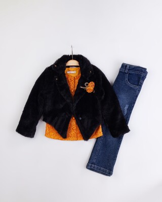 Wholesale Girl's 3-Piece Fur Jacket Lace Blouse Jeans Pants Set with Bag 2-6Y Miss Lore 1055-5716 Yellow