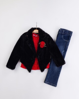 Wholesale Girl's 3-Piece Fur Jacket Lace Blouse Jeans Pants Set with Bag 2-6Y Miss Lore 1055-5716 - 4