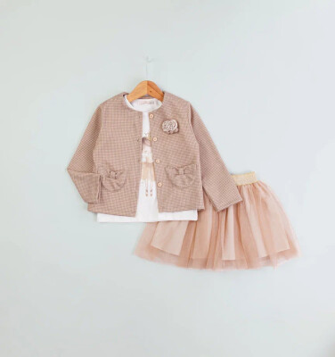 Wholesale Girls 3-Piece Jacekt Body and Skirt Set 1-4Y BabyRose 1002-4689 Beige