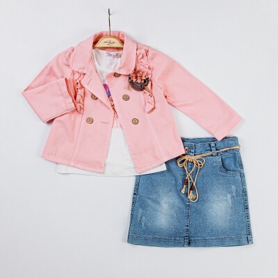 Wholesale Girls 3-Piece Jacket, Badi and Denim Skirt Set 2-6Y Miss Lore 1055-5518 Pink
