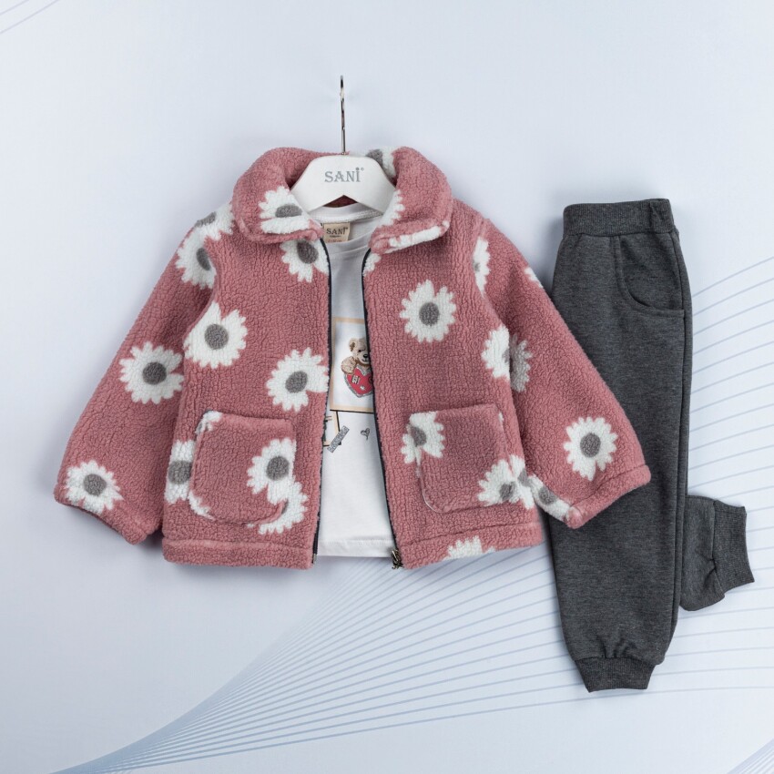 Wholesale Girls' 3-Piece Jacket Body and Pants Set 1-4Y Sani 1068-4936 - 1