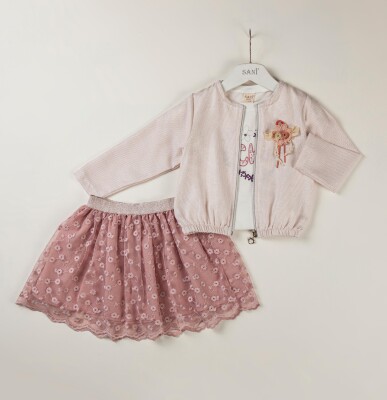 Wholesale Girls 3-Piece Jacket Set with T-shirt and Skirt 2-5Y Sani 1068-9811 - 2