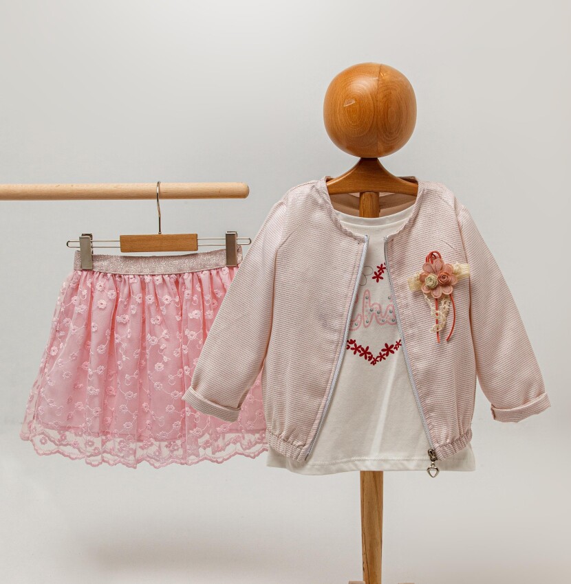 Wholesale Girls 3-Piece Jacket Set with T-shirt and Skirt 2-5Y Sani 1068-9811 - 3