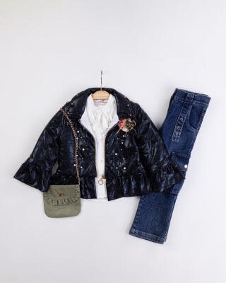 Wholesale Girl's 3-Piece Jacket Shirt Jeans Pants and Bag Set 2-6Y Miss Lore 1055-5712 Green