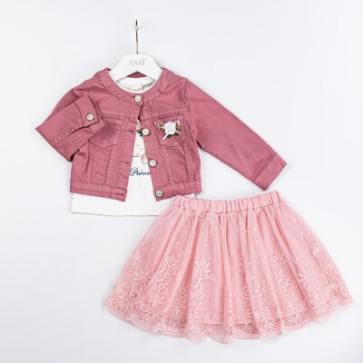 Wholesale Girls 3-Piece Jacket T-Shirt and Skirt Set 2-5Y Sani 1068-2300 Dusty Rose