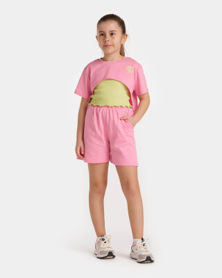 Wholesale Girls 3-Piece T-Shirt, Shorts and Badi Set 9-12Y Miniloox 1054-24802 Темно-розовый 