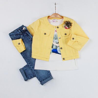 Wholesale Girls 3-Pieces Jacket, T-shirt and Denim Pants Set 2-6Y Miss Lore 1055-5303 Sarı