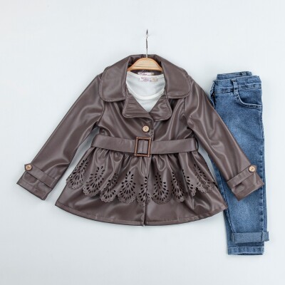 Wholesale Girls 3-Pieces Jacket, T-shirt and Denim Pants Set 2-6Y Miss Lore 1055-5523 Kahverengi
