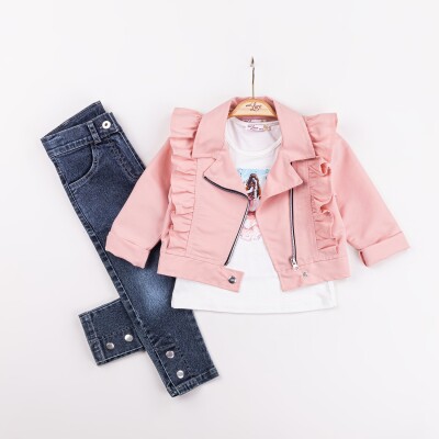 Wholesale Girls 3-Pieces Jacket, T-shirt and Denim Pants Set 2-6Y Miss Lore 1055-5604 Pink