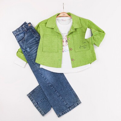 Wholesale Girls 3-Pieces Jacket, T-shirt and Pants Set 6-10Y Miss Lore 1055-5622 Green