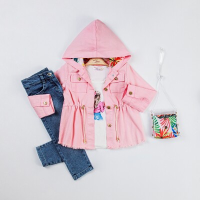 Wholesale Girl's 4-Piece Bag, Jacket, T-Shirt and Denim Pants Set 2-6Y Miss Lore 1055-53 Pink