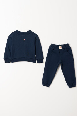 Wholesale Girl's Basic Tracksuit Set with Flower Detail 2-5Y Tuffy 1099-01064 Navy 