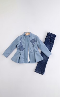 Wholesale Girl's Cashmere Jacket Jeans Pants and Shirt Set 2-6Y Miss Lore 1055-5715 Blue