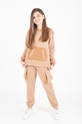 Wholesale Girl's Crew-Neck Tracksuit Set with Pockets 14-15Y Pafim 2041-K24-8014 Camel