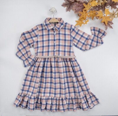 Wholesale Girls Dress with Belt and Plaid 7-10Y Busra Bebe 1016-22275 Пудра