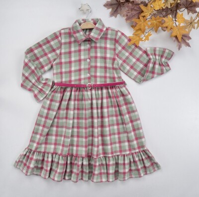 Wholesale Girls Dress with Belt and Plaid 7-10Y Busra Bebe 1016-22275 - 1