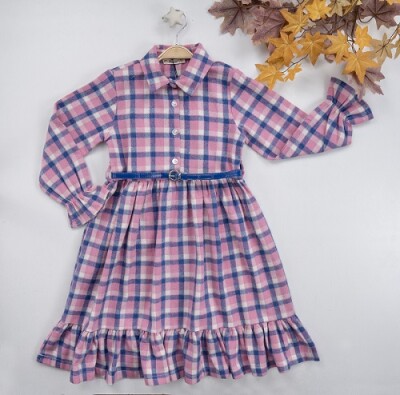 Wholesale Girls Dress with Belt and Plaid 7-10Y Busra Bebe 1016-22275 - 2