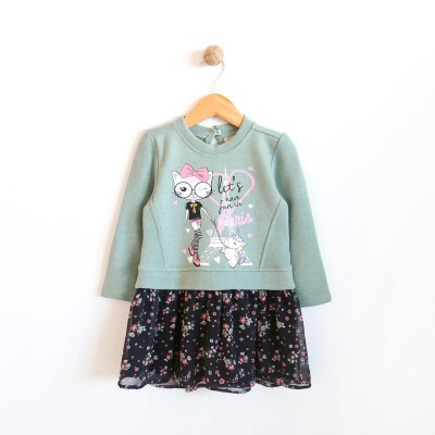 Wholesale Girls Dress with Cat Printed and Flower Tulle 2-5Y Lilax 1049-5773 Мятно-зеленый