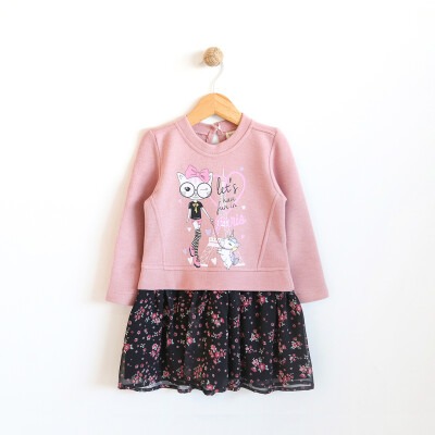 Wholesale Girls Dress with Cat Printed and Flower Tulle 2-5Y Lilax 1049-5773 Пудра