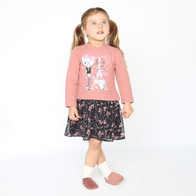 Wholesale Girls Dress with Cat Printed and Flower Tulle 2-5Y Lilax 1049-5773 - Lilax