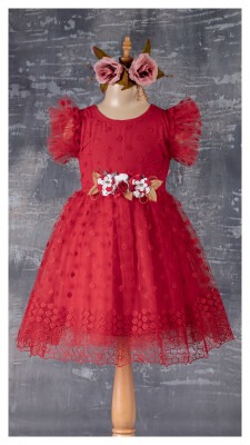 Wholesale Girls Dress with Flower Detail 5-8Y Tivido 1042-2344 Red