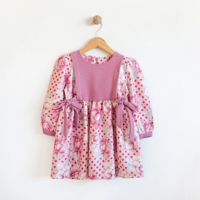 Wholesale Girls Dress with Flower Patterned 2-5Y Lilax 1049-5742 Blanced Almond