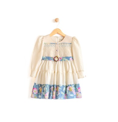 Wholesale Girls Dress with Flower Patterned 2-5Y Lilax 1049-5936 Бежевый 