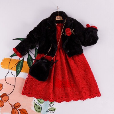 Wholesale Girls Dress with Fur Jacket and Bag 2-6Y Miss Lore 1055-5215 - Miss Lore