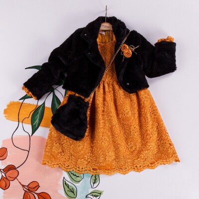 Wholesale Girls Dress with Fur Jacket and Bag 2-6Y Miss Lore 1055-5215 Mustard