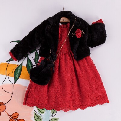 Wholesale Girls Dress with Fur Jacket and Bag 2-6Y Miss Lore 1055-5215 Tile Red 
