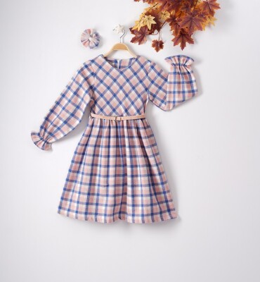 Wholesale Girls Dress with Hairpin and Plaid Patterned 9-12Y Büşra Bebe 1016-22280 Пудра