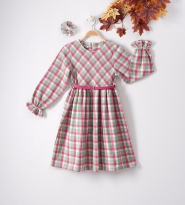 Wholesale Girls Dress with Hairpin and Plaid Patterned 9-12Y Büşra Bebe 1016-22280 - 1