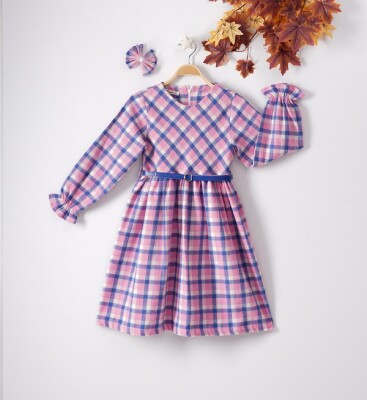 Wholesale Girls Dress with Hairpin and Plaid Patterned 9-12Y Büşra Bebe 1016-22280 - 2