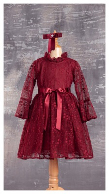 Wholesale Girls Dress with Lacy 6-12Y Tivido 1042-2324 Claret Red