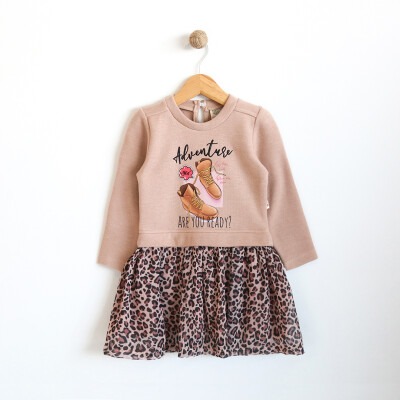 Wholesale Girls Dress with Leopard Printed 2-5Y Lilax 1049-5772 Бежевый 
