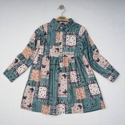 Wholesale Girls Dress with Patterned 2-5Y Timo 1018-T4KDÜ042223732 Green almond2
