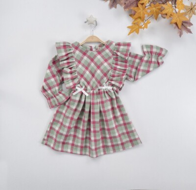 Wholesale Girls Dress with Ruffled and Plaid 3-6Y Busra Bebe 1016-22276 Mint Green 