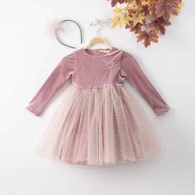 Wholesale Girls Dress with Tulle and Hairclip Büşra Bebe 1016-22273 Dusty Rose