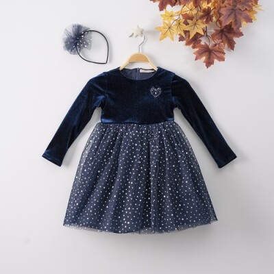 Wholesale Girls Dress with Tulle and Hairclip Büşra Bebe 1016-22273 Navy 