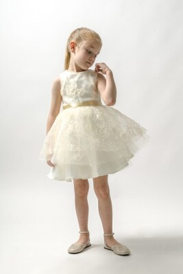 Wholesale Girls Dress with Tulle Stars Patterned 2-5Y Wecan 1022-23062 Кремовый цвет 