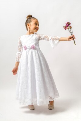 Wholesale Girls Fancy Dress with Clover Lace 6-9Y Wecan 1022-23092 White