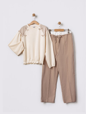 Wholesale Girls Hair Piping Trousers Set 11-14Y Pafim 2041-2025Y1038 Beige